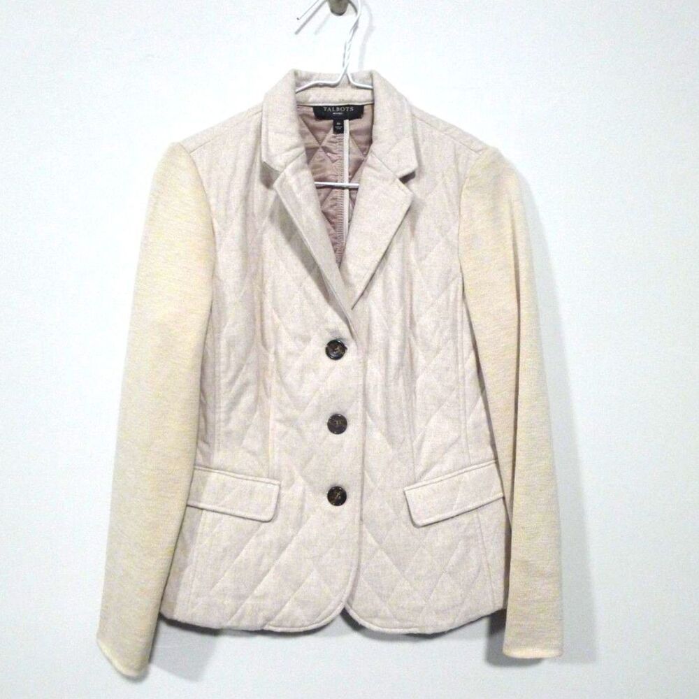 Talbots Wool Blend Quilted Blazer With Sweater Sleeve - Natural 8P